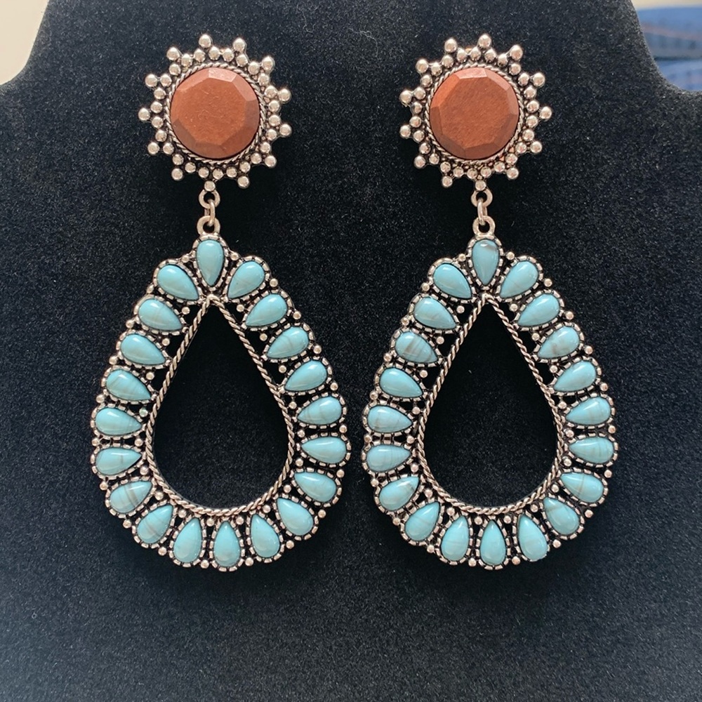 Turquoise Earrings with Wood Post Dangle Earrings Plunder